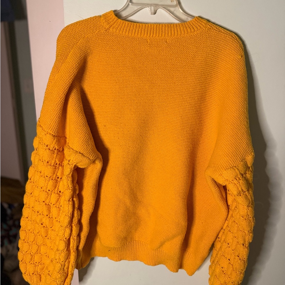 Vibrant Yellow/Orange Knit Sweater with Fun Puffy Sleeves
